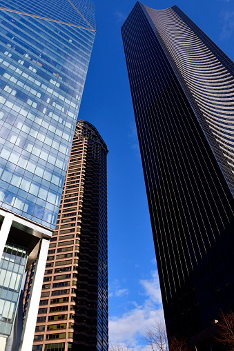 Seattle, Washington state, United State: on the left the F5 Tower with its angles, on the right the Columbia Center, the tallest building in Seattle and Washington State. In between the Seattle Municipal Tower (City of Seattle Government).