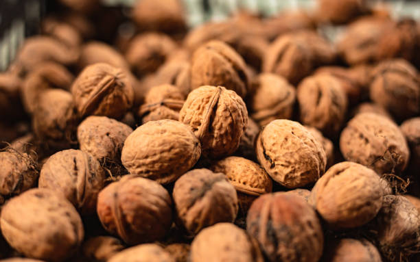 Greek walnuts in shell ,  the table. top view walnuts grocery
