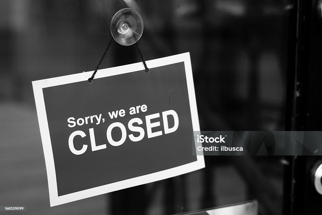 Closed sign black and white Closed sign on shop window black and white Closing Stock Photo