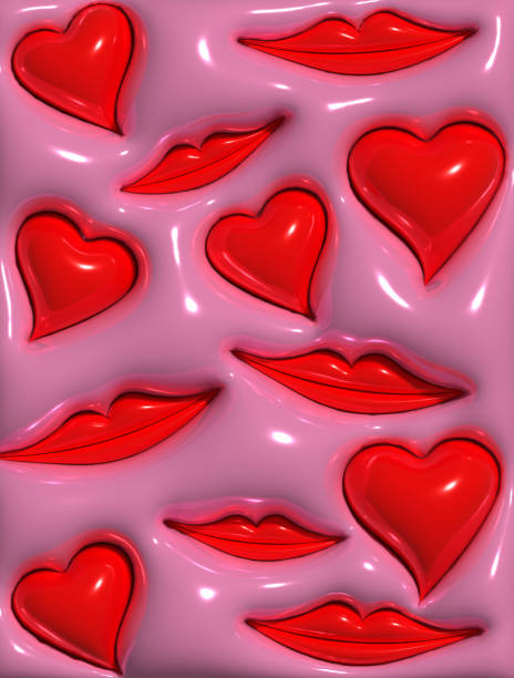 Red heart and lips on a pink background, 3D rendering illustration
