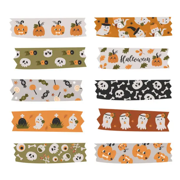 Vector illustration of Washi tapes collection with Halloween items.