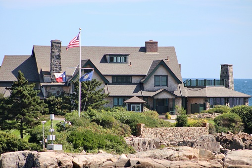 Kennebunkport, ME, USA, 9.3.22 - The front exterior of the famous Walkers Point Mansion.