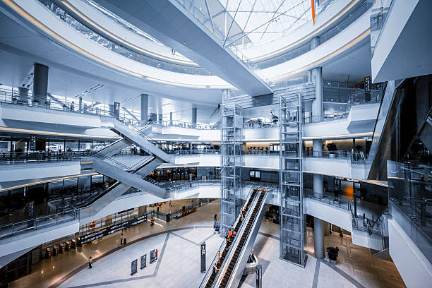 moderno shopping mall - blue construction built structure indoors - fotografias e filmes do acervo