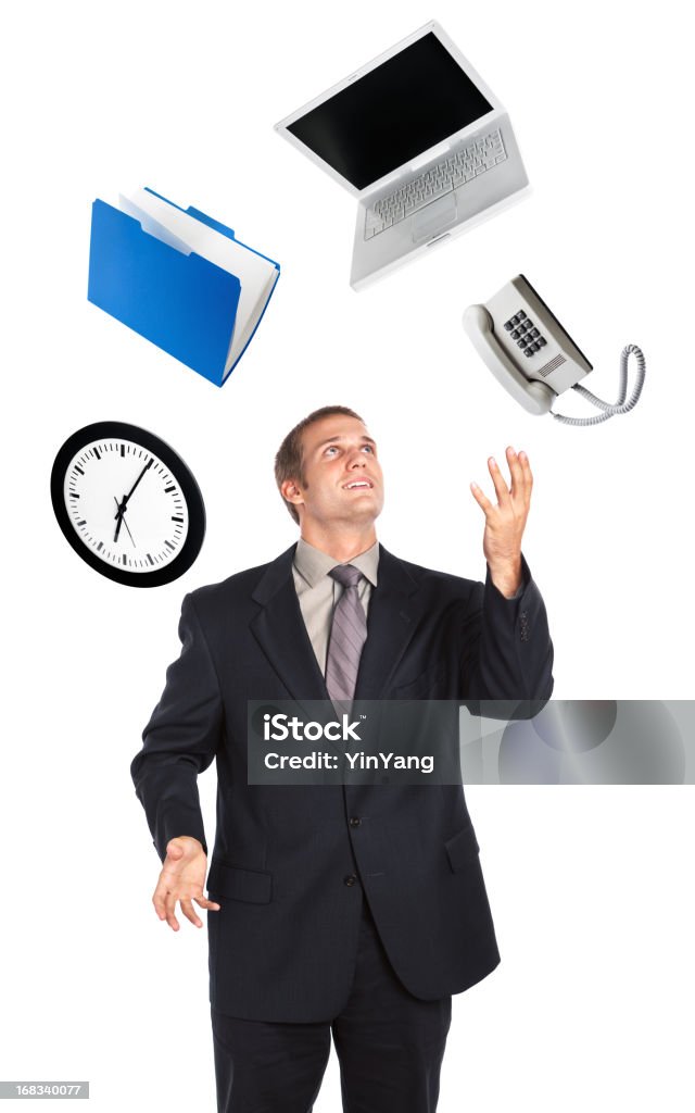 Empresário de malabarismo tempo de negócios ocupado multitarefa em fundo branco - Foto de stock de Malabarismo royalty-free