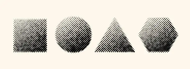 Vector illustration of Halftone geometric shapes set. Dotted square, circle, triangle and hexagon elements with gradient. Black textured objects for banner, poster, collage, flyer, booklet, brochure. Vector collection
