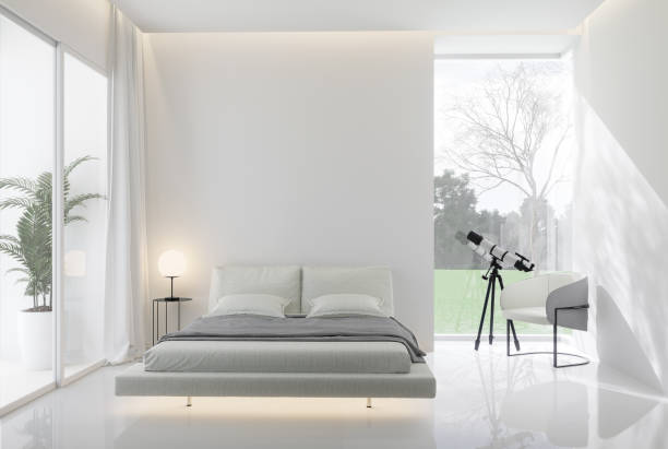 istock Minimal style white bedroom with a telescope in the glass window 3d render 1683438948