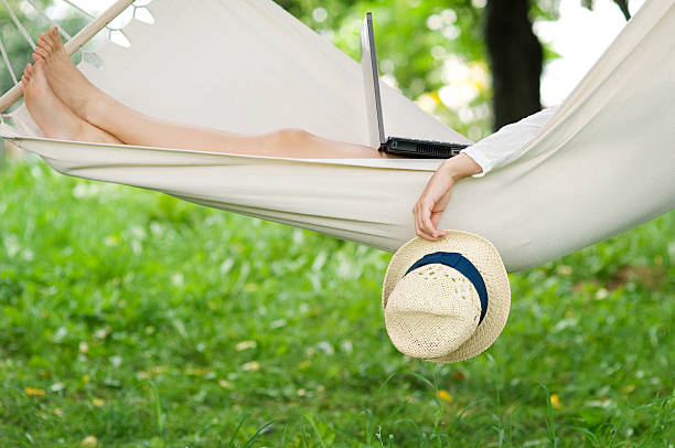 istock Relaxing on hammock with a laptop 168344861