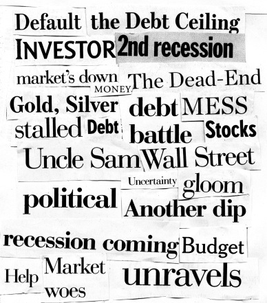 Collage of newspaper clippings highlighting the United States financial crisis.   Contrast added for effect.