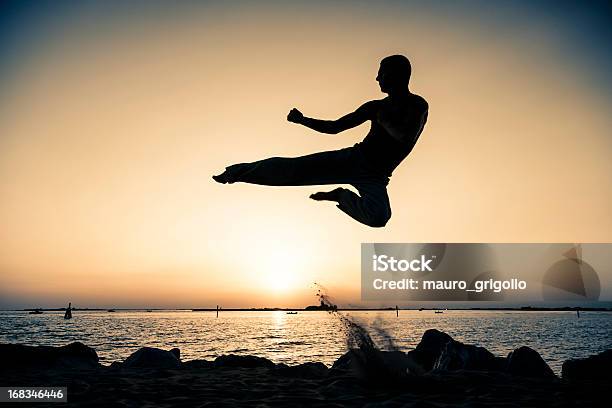 Человек Прыжок Борьбе — стоковые фотографии и другие картинки Активный образ жизни - Активный образ жизни, Берег реки, Бить ногой