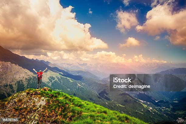 Walker Hiker Homem No Topo Da Montanha - Fotografias de stock e mais imagens de Admirar a Vista - Admirar a Vista, Braços no Ar, Homens