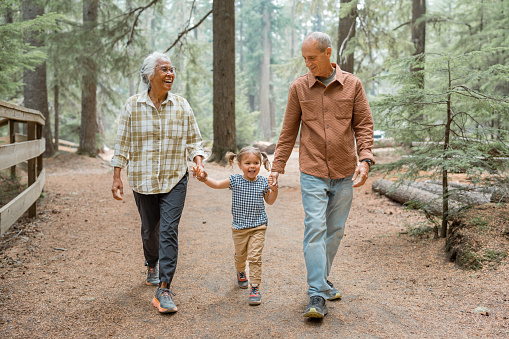 Hike, nature and children with senior foster parents and their adopted son walking on a sand path through the tress. Family, hiking and kids with an elderly man, woman and boy taking a walk outside