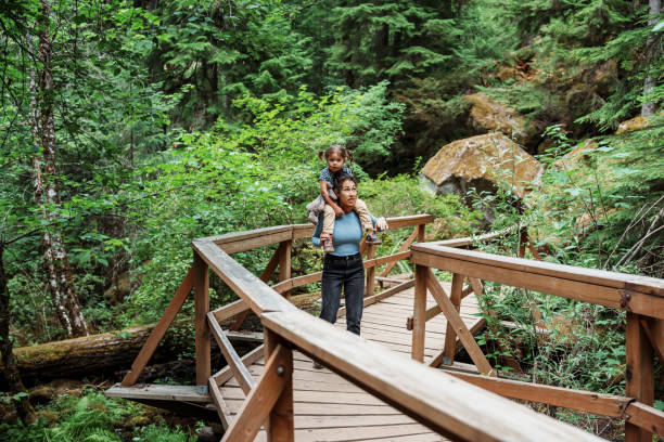 istock Mom carrying daughter on shoulders while hiking in the forest 1683553517