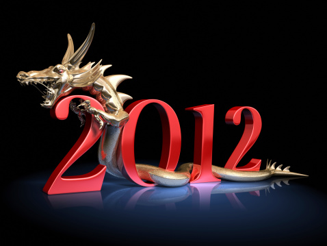 Golden chinese dragon encircles the number 2012.