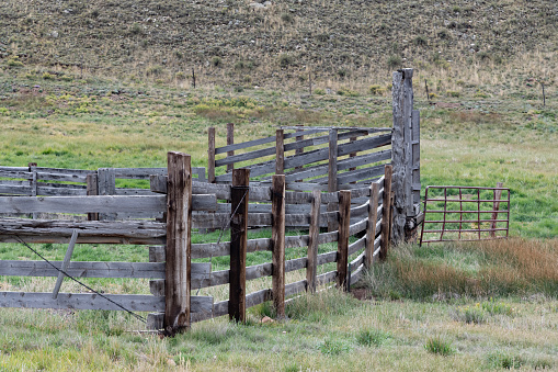 Rocky Mountain ranch corral in Colorado in western USA of North America. Nearest cities/towns are Colorado Springs, Denver, Fairplay, and Lake George, Colorado.