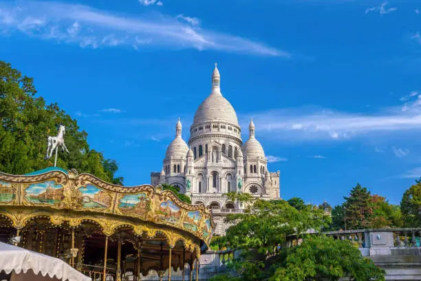 Photo of Sacre Coeur Cathedral on Montmartre Hill, Paris in France