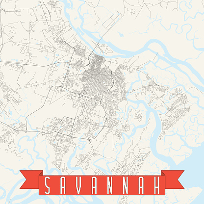 Topographic / Road map of Savannah, GA. Map data is public domain via census.gov. All maps are layered and easy to edit. Roads are editable stroke.