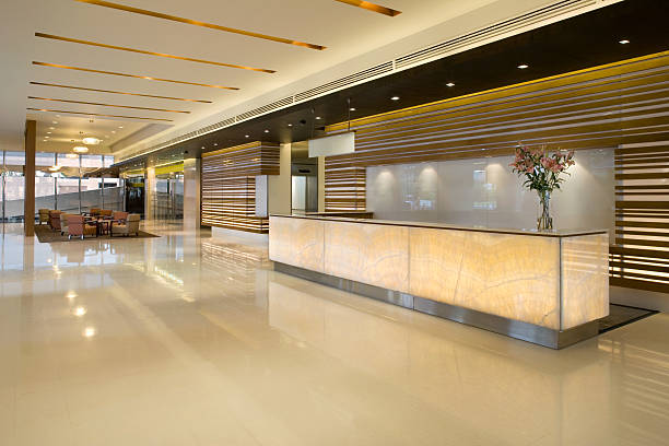 lobby moderno y lujoso con área de espera - hotel reception hotel lobby flower fotografías e imágenes de stock