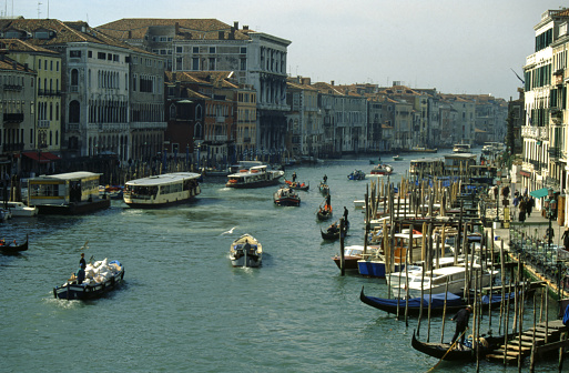 The Grand Canal is the main waterway in Venice. It is the largest canal and stretches about 3 km through the main island, forming a giant S curve, from the Santa Lucia train station to the Piazza San Marco and the stunning church of Santa Maria de Salute.
