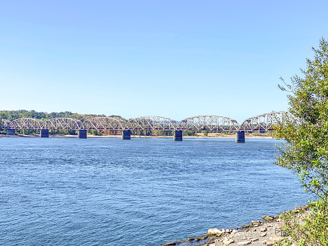 The I-5 steel bridge spans the Columbia River connecting Oregon and Washington.