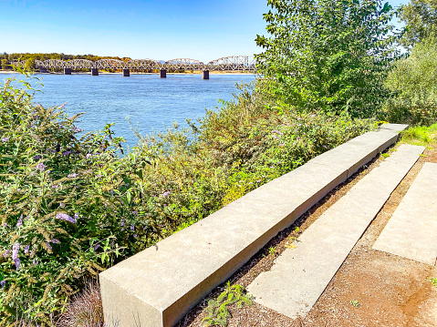 The I-5 steel bridge spans the Columbia River connecting Oregon and Washington.