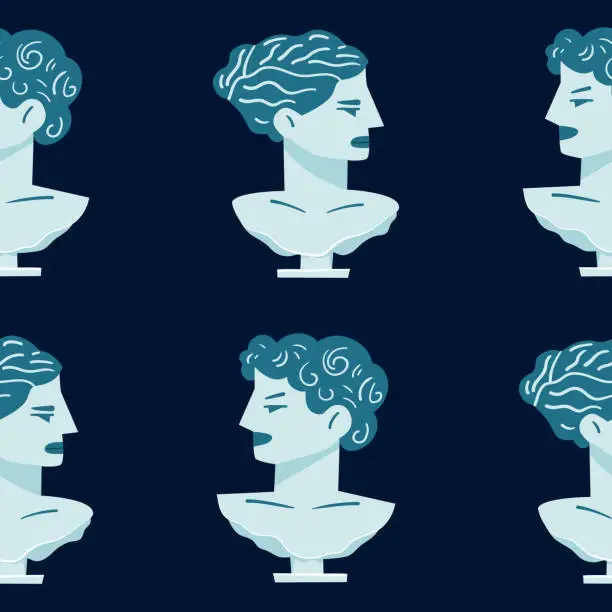 Vector illustration of Greek statues. Plaster heads in profile. Seamless pattern for backgrounds, wallpapers, textile composition.