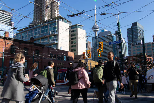 Queen St. at Spadina Ave. during rush hour in Toronto. stock photo