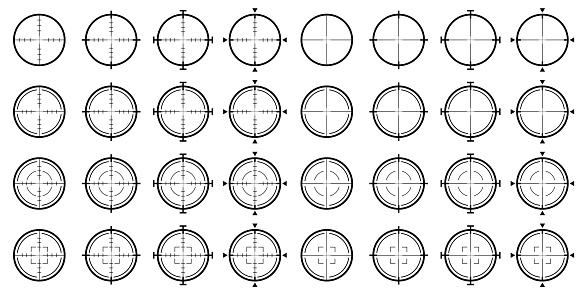 Vector illustration set of monochrome target icons and aiming marks