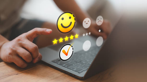 istock Customer service and satisfaction concept. Client choosing on the happy smile face icon to give satisfaction in service, rating very impressed. Testimonial review, good mood, feedback, best quality. 1683771392