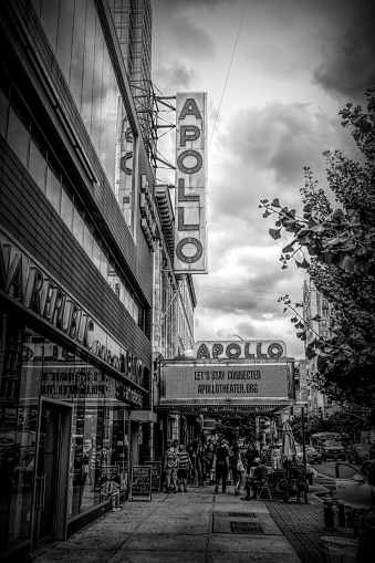A view of the exterior of the legendary Apollo Theater in Harlem, New York City, USA.