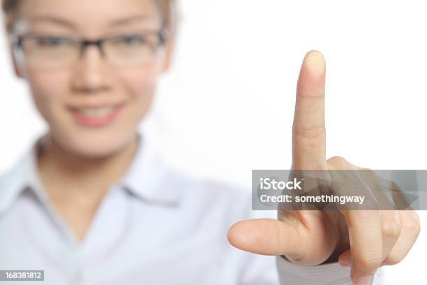 Businesswomen White Background Is Touching On Glass Focused Stock Photo - Download Image Now