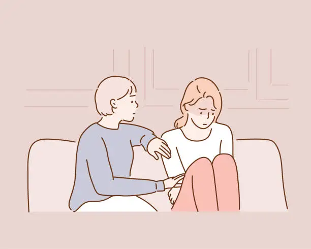 Vector illustration of Worried woman comforting a depressed friend sitting on a couch at home.