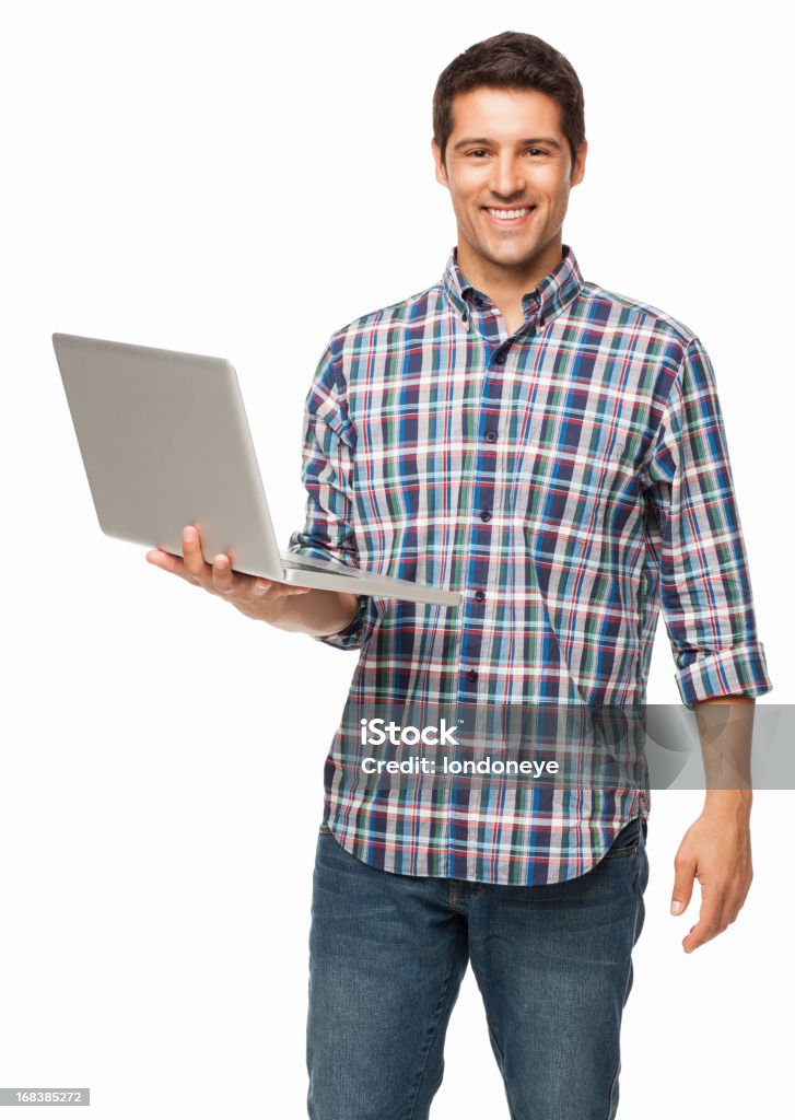 Feliz joven sosteniendo un ordenador portátil aislado - Foto de stock de Hombres libre de derechos