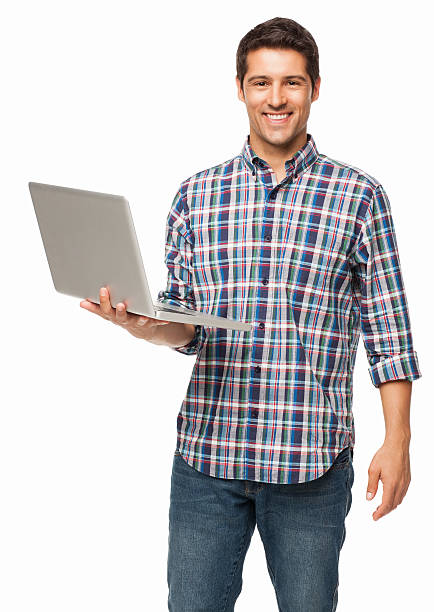 Happy Young Man Holding a Laptop - Isolated stock photo