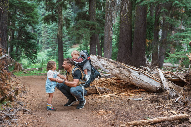 istock Father crouches with young children during forest hike 1683860719