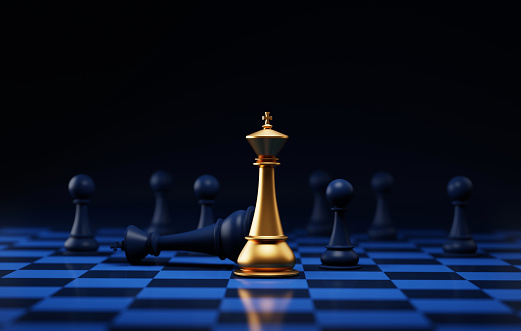 Leadership and competition. Golden chess king faces off against a blue team, symbolizing business strategy and decision-making. 3D render illustration.