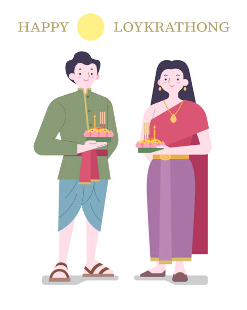 Flat style Loy Krathong happy Thai couple cartoon illustration Flat style Loy Krathong happy Thai couple cartoon illustration loi krathong stock illustrations