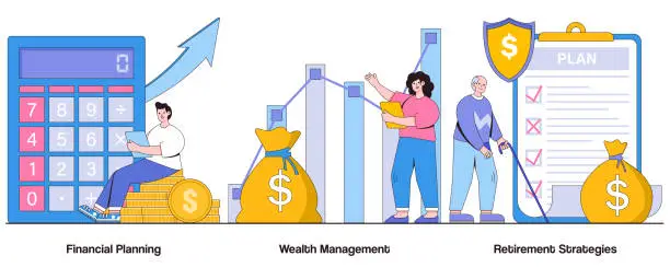 Vector illustration of Financial planning, wealth management, retirement strategies concept with character. Financial security abstract vector illustration set. Asset allocation, long-term goals, financial independence