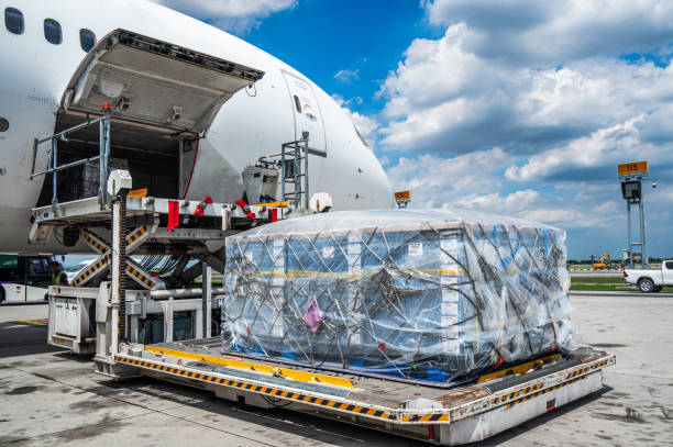 kontenery logistyczne ładunków lotniczych ładują się do samolotu. - freight transportation airplane cargo airplane airport zdjęcia i obrazy z banku zdjęć