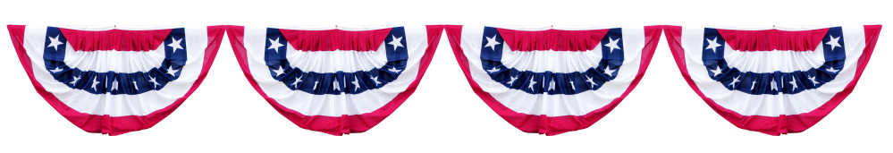 Patriotic bunting decorations for elections and holidays are hung in a row and isolated with clipping path against a white background.