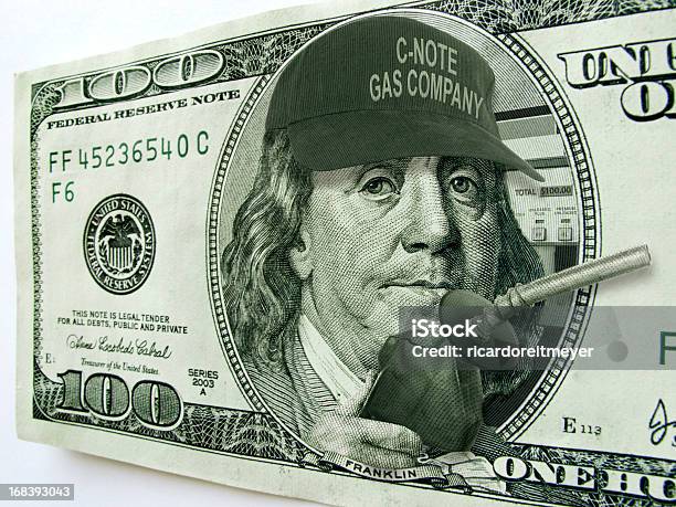 Ben Franklin On Hundred Dollar Bill Illustrates High Gas Prices Stock Photo - Download Image Now