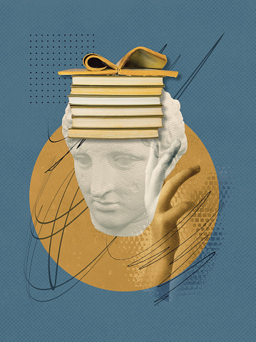 Abstract human antique statue and human hand, books. Creative idea symbol, art design or collage. Mental Health, thinking, psychology, education, intellectual development concept