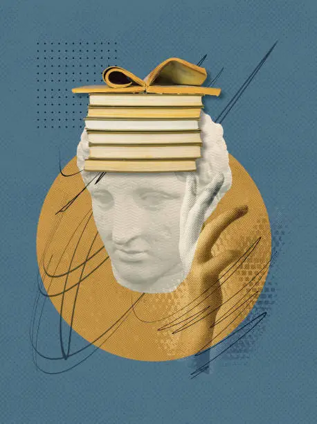 Photo of Abstract human antique statue and human hand, books. Creative idea symbol, art design or collage. Mental Health, thinking, psychology, education concept