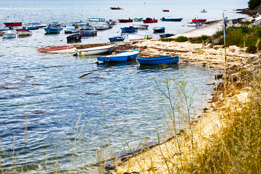 Fishing rowboats, Carril harbor and beach,  ría de Arousa, Vilagarcía de Arousa, Pontevedra province, Rías Baixas, Galicia, Spain.