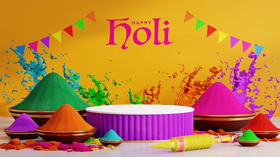 3d rendering illustration for podium holi festival of colors  colorful gulaal (powder color), gulal shooter gun, indian festival for happy holi background.