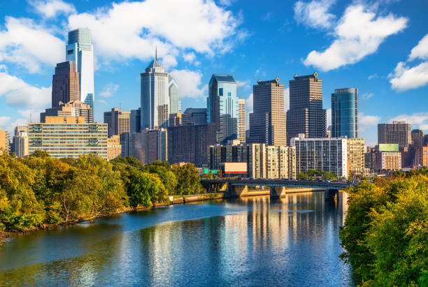 Philadelphia skyline and Schuylkill river. stock photo