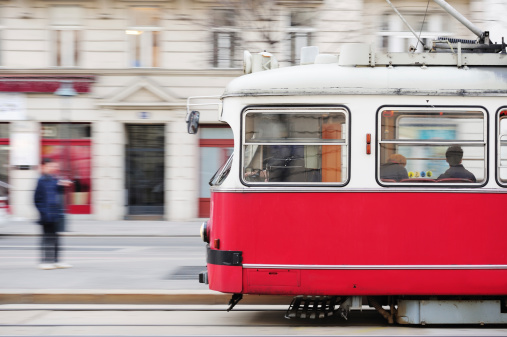 street car, tram, panning blurred background