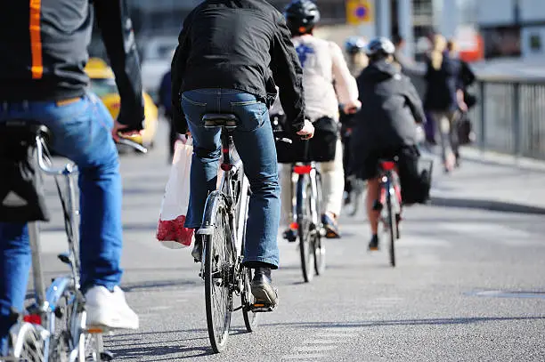 Spring  day in environment friendly Stockholm. Bikes in bike lane.