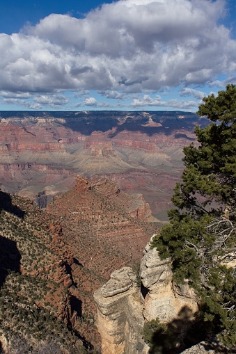 View of the Grand Canyon in Arizona, with clouds filling a blue sky.