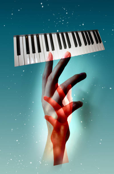 istock Hands play the piano. Composition with black and white piano keys, synthesizer isolated on light background. Conceptual, contemporary art collage. 1683980019