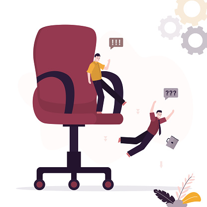 Betrayal, concept. businessman pushes colleague down from giant office chair. Hate, bullying at work. Business or political competition. Loser man falls down. Layoff, boss fires an employee. vector